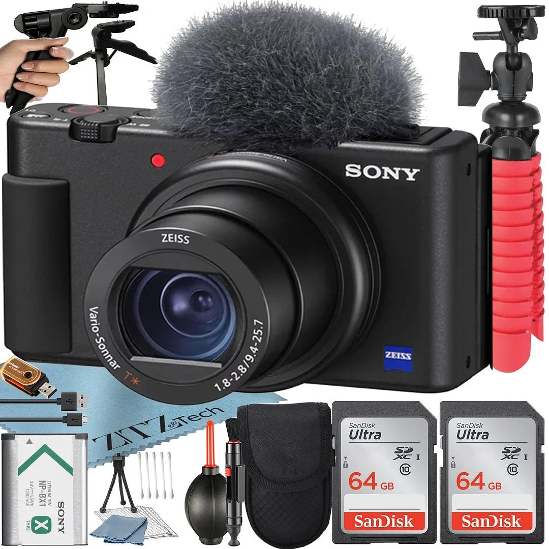 ZeeTech + Memory + with Vlogging Accessory Camera Bundle 2 Tripod Case (Black) SanDisk 64GB Pack Sony ZV-1F Card +