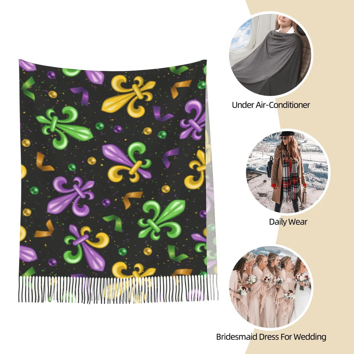 Women Gras Cashmere Art Print Shawl Elegant Feel Warm Mardi Carnival4 Soft Large Winter Bingfone Scarves For Scarf Gifts- Wrap