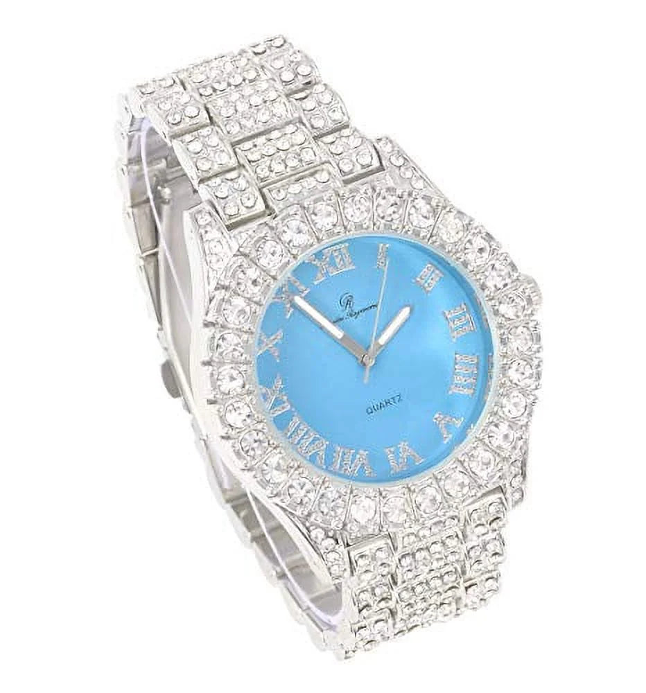 w/Bling'ed Out Cuban Cuban Bracelet Out Numerals Iced Colorful Big Watch Shiny Mens Rocks Silver Fully Roman - (Silver RN ST10327 Dial with Baby Blue) Silver