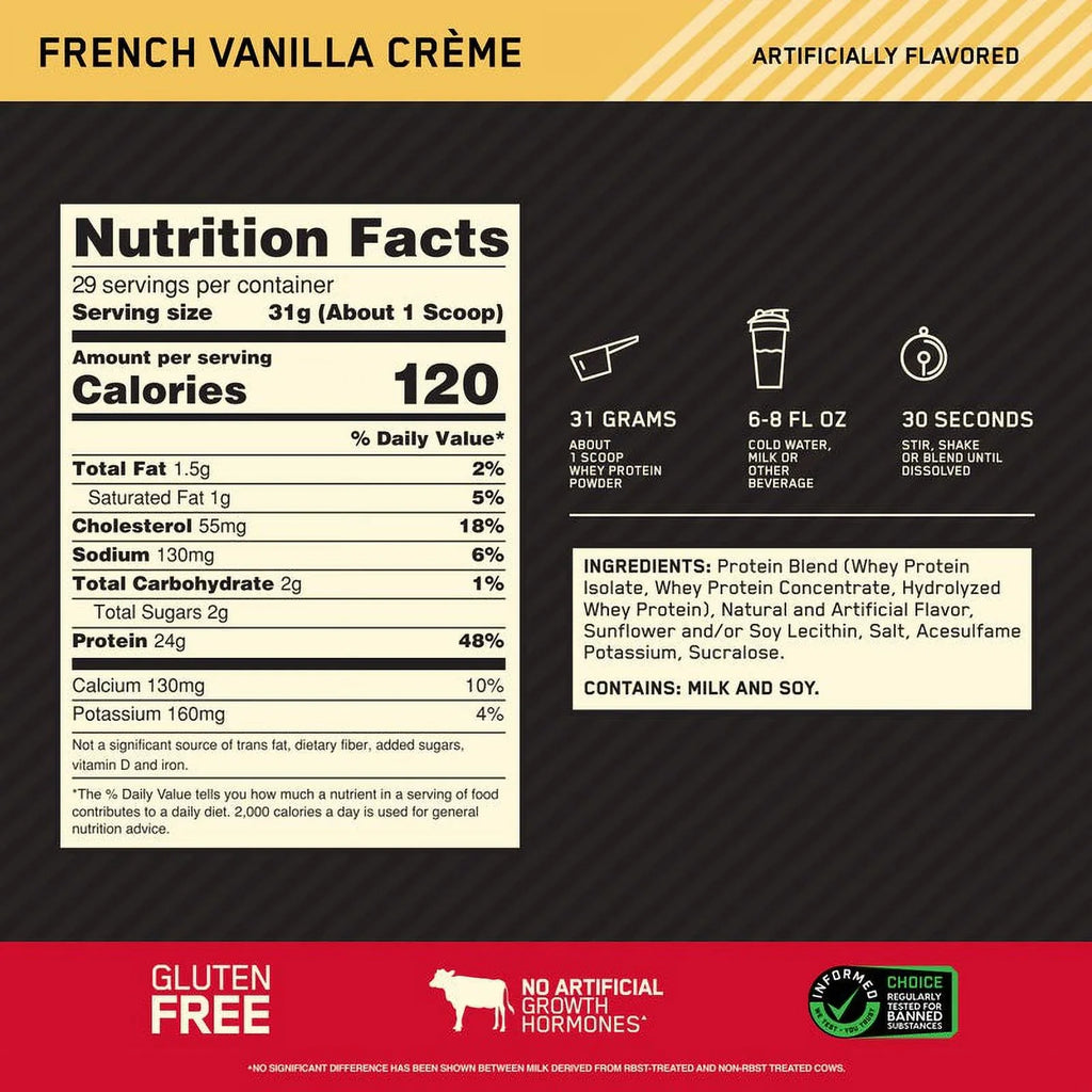 Optimum Creme, 100% Standard Nutrition, Servings Vanilla Protein 2 Whey 29 French Gold lb, Powder,