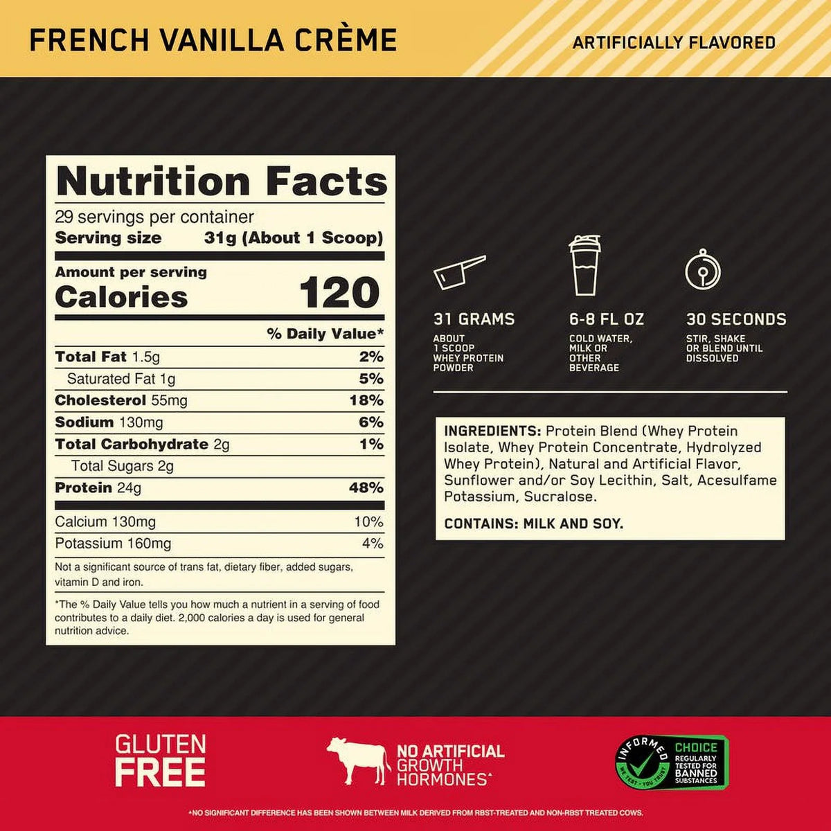 Optimum Creme, 100% Standard Nutrition, Servings Vanilla Protein 2 Whey 29 French Gold lb, Powder,