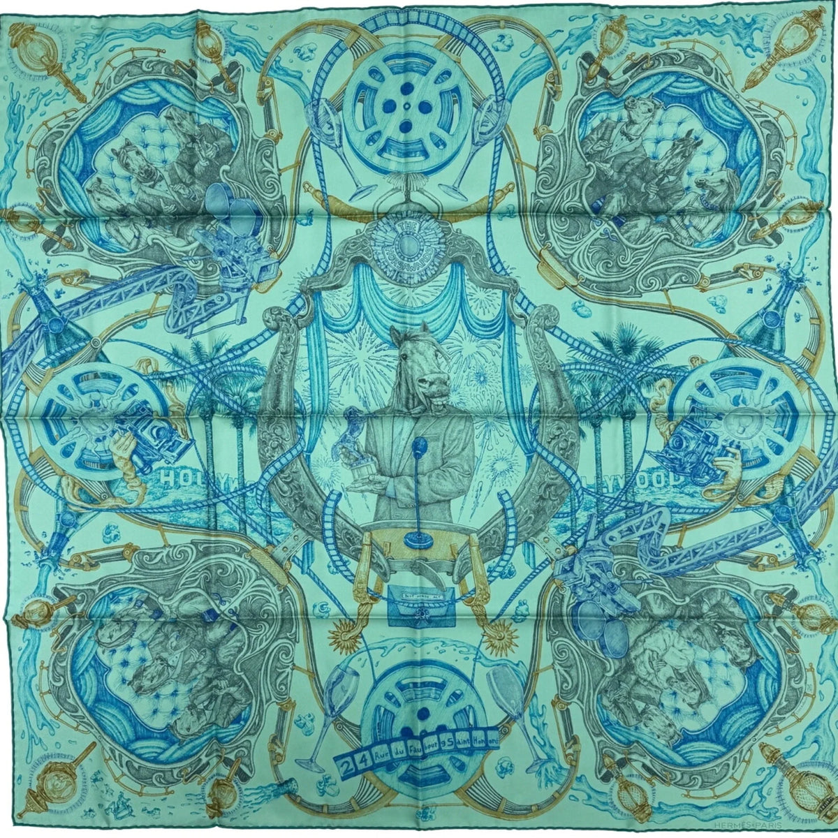 Horse Kare90 Green The HERMES Hermes New) Blue (Like Silk Pre-Owned Gray Ladies Horsewards Large Scarf Award