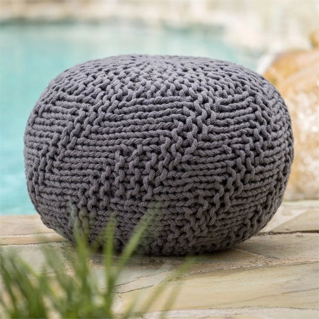 Fabric House Handcrafted Gray in Aria Modern Noble Dark Weave Pouf Outdoor