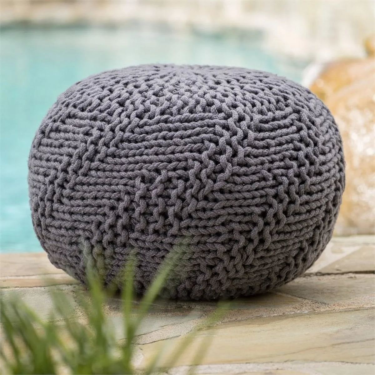 Fabric House Handcrafted Gray in Aria Modern Noble Dark Weave Pouf Outdoor