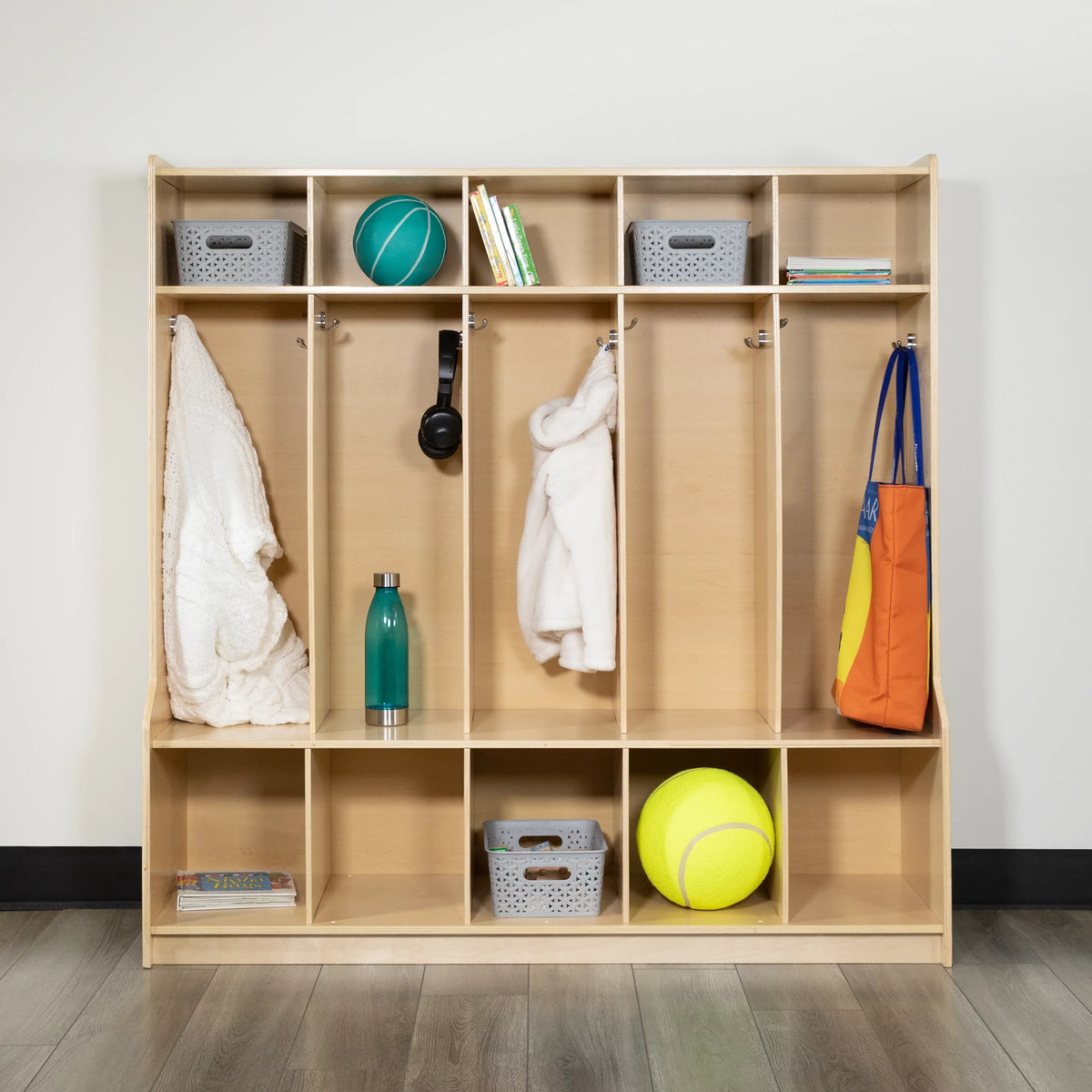 Cubbies, 5 48"L - Locker 48"H Kid School Coat Bench, Section (Natural) Hook-Safe, with BizChair Storage Friendly Wooden Organizer Design x and
