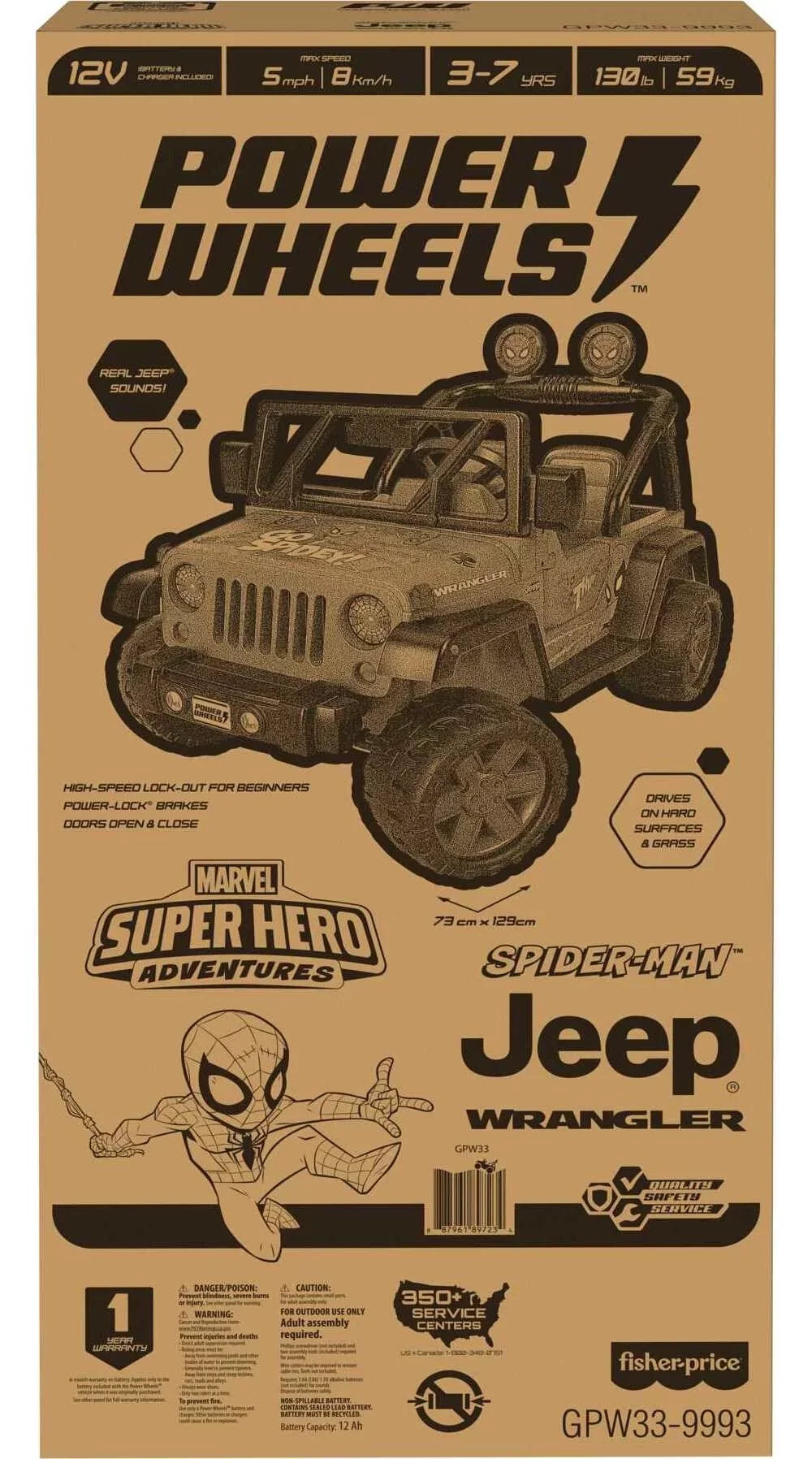 with Ride-On 3-7 Jeep Wrangler Vehicle Child Power Wheels Battery-Powered a Sounds, Spider-Man Ages for 12V