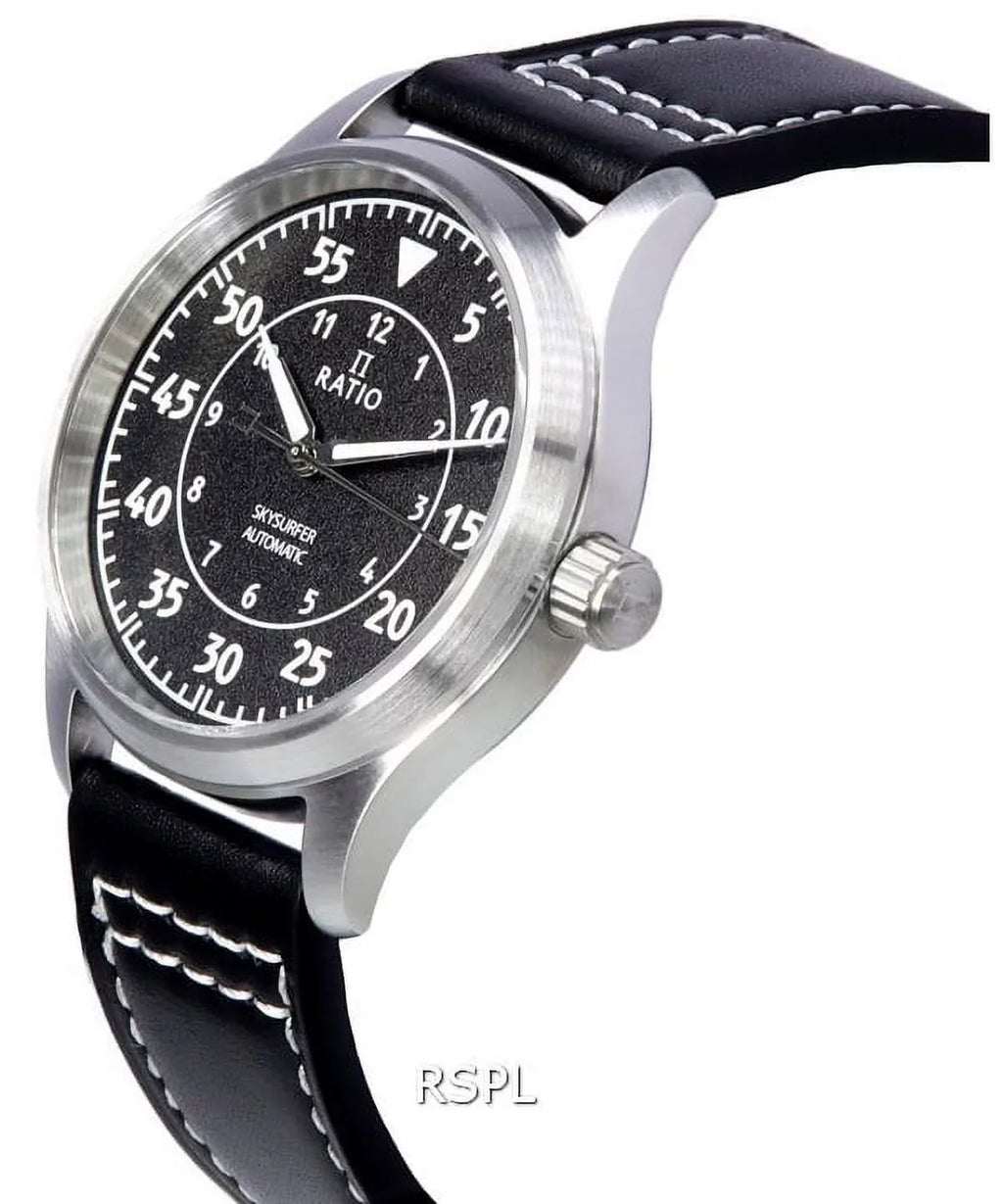 Textured Leather Watch Black Men's RTS320 Ratio Skysurfer Dial Pilot 200M Automatic