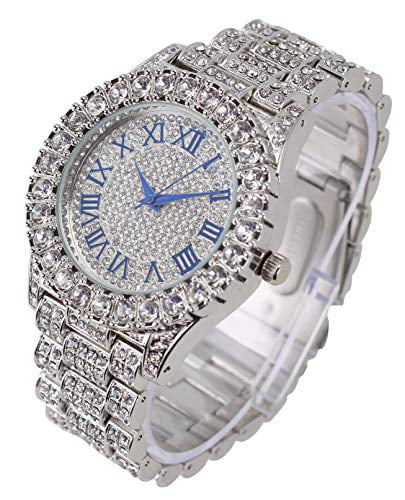 Fully Numerals Big Cuban Cuban - Out w/Blinged RN Blue Raymond Colorful (Silver Shiny ST10327 #) with Wristwatch Charles R Mens Iced Silver Rocks Bracelet Out Dial Roman Silver Royal