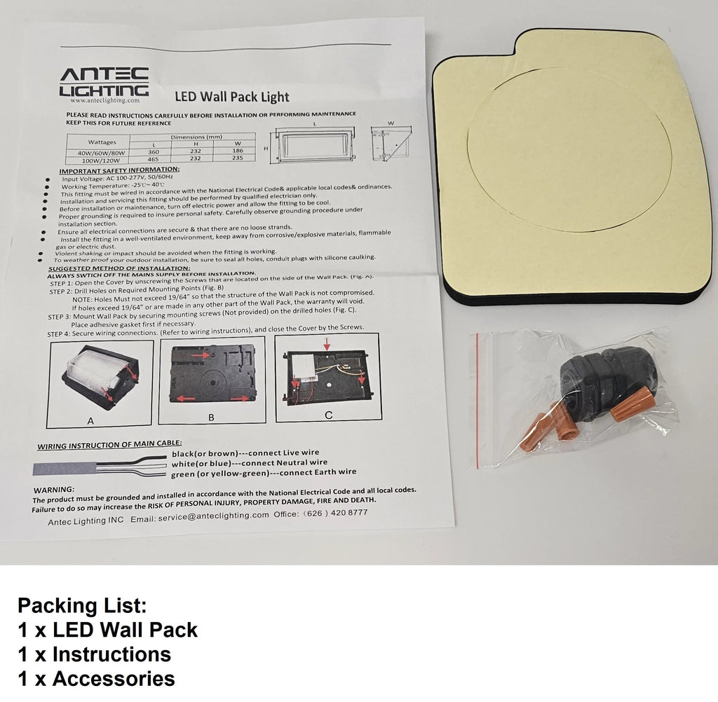 Outdoor IP65 Weather Resistant, 5000 LED 40W 100-277VAC, Light, Wall Pack 5000K, Antec UL/DLC Lumens, ,