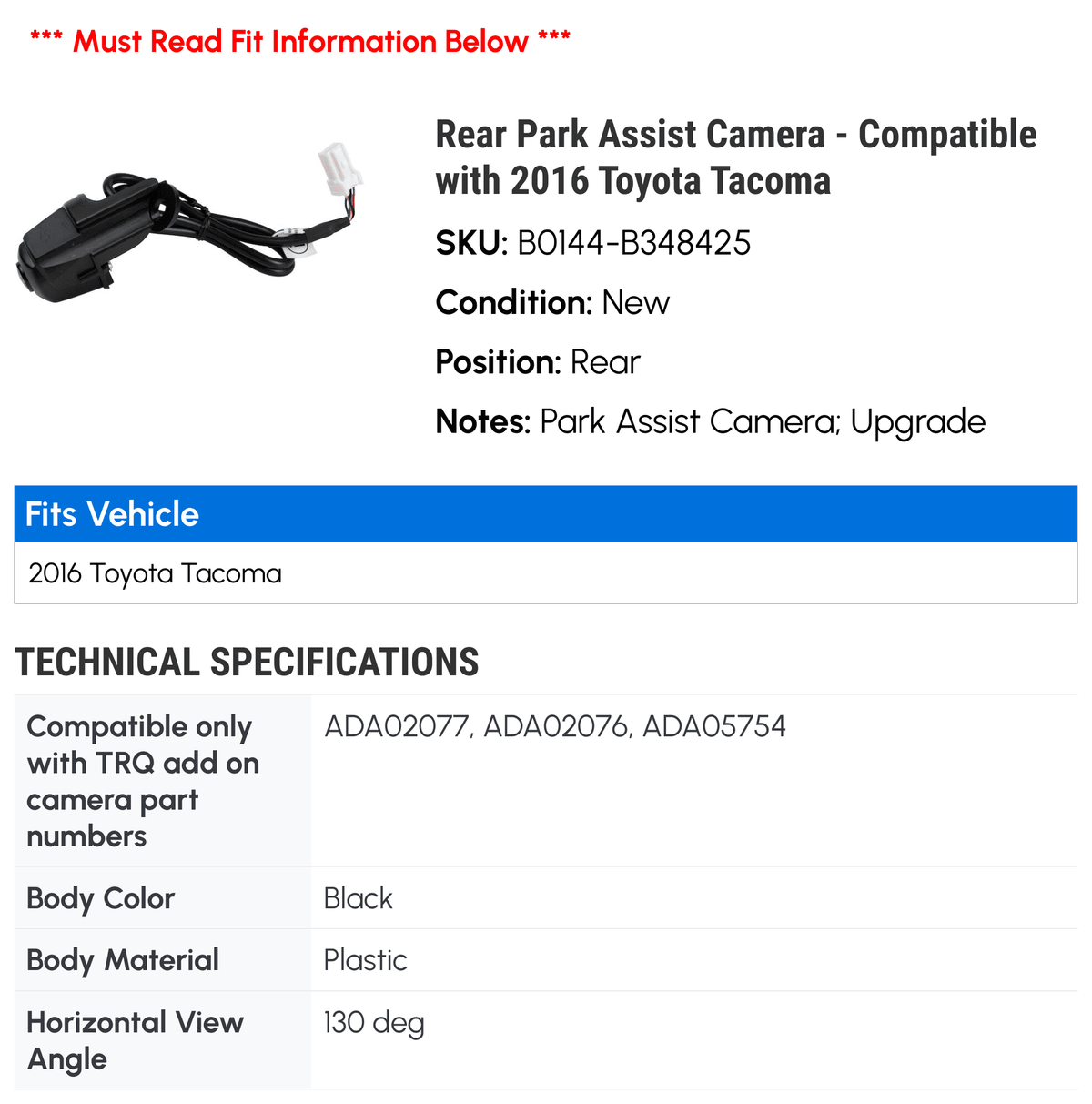 Park Toyota Camera Compatible Rear - with 2016 Assist Tacoma