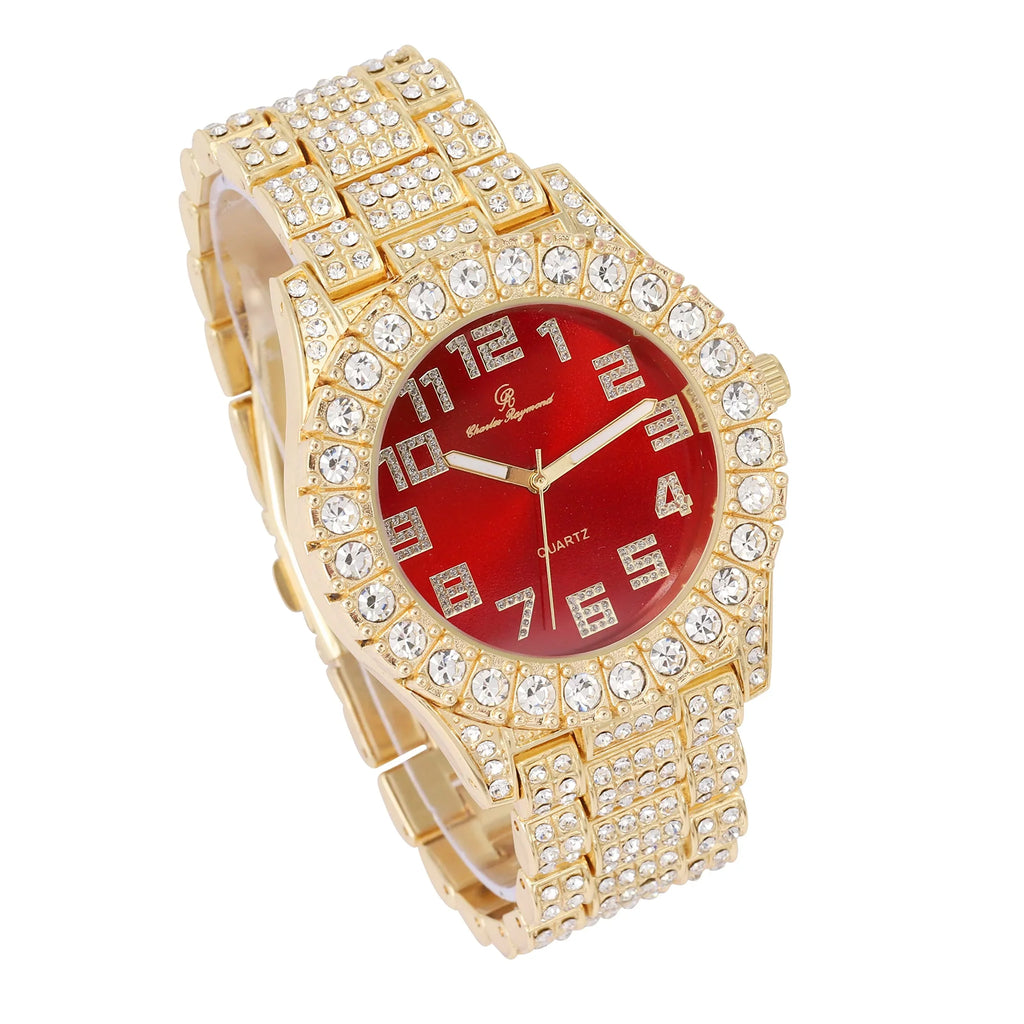 Charles Big raymond Rocks Out Gold Colorful Numerals Hip Hop with Iced Fully Dial Single Mens ST10327AR Watch Blood Red Blinged - Out
