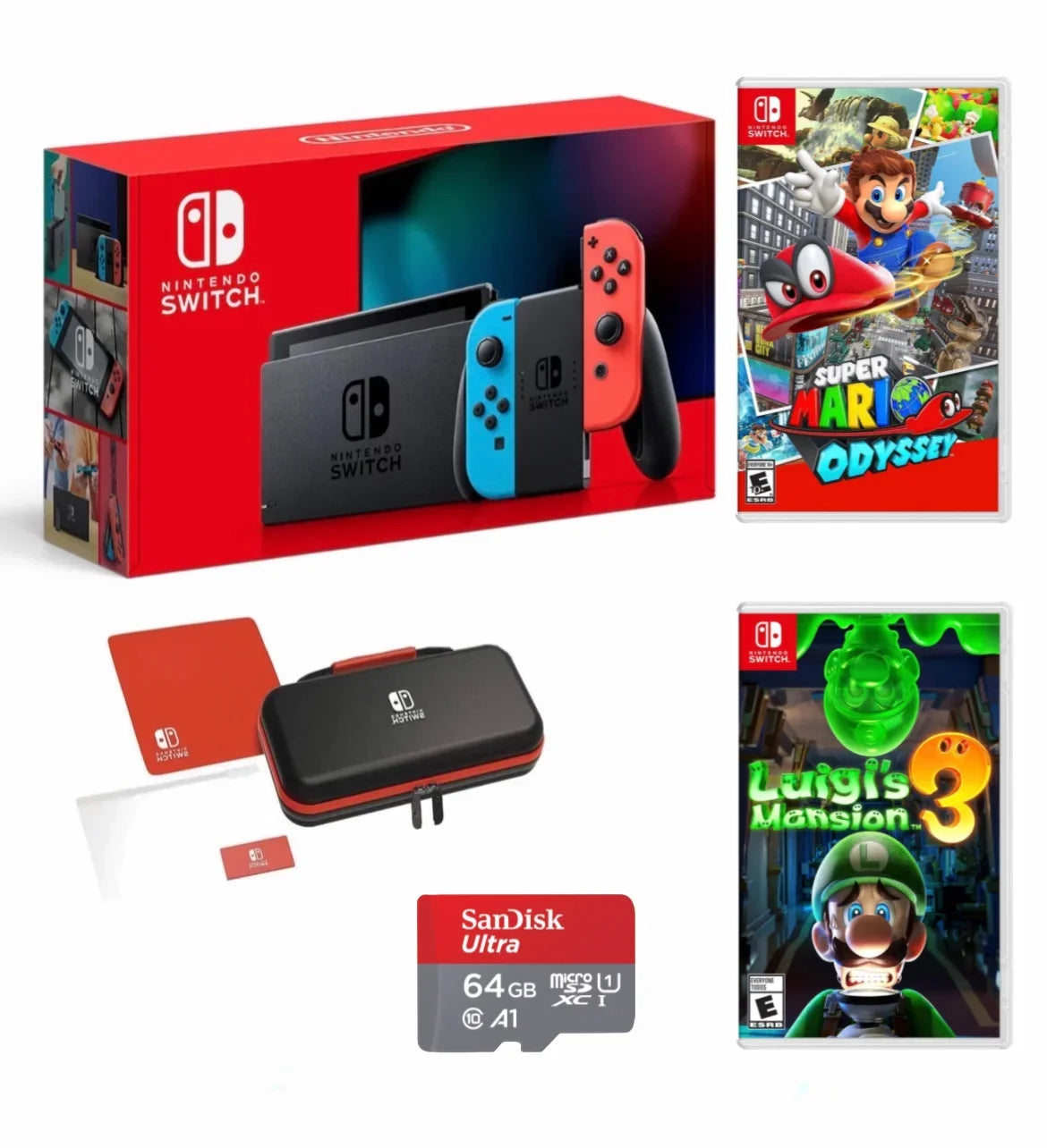 Mansion MicroSD Switch Odyssey + & + Card Case Joy-Con Mario Switch Carrying Console Neon Red Nintendo 64GB - Luigi's 3 with Blue Bundle Neon Super + with