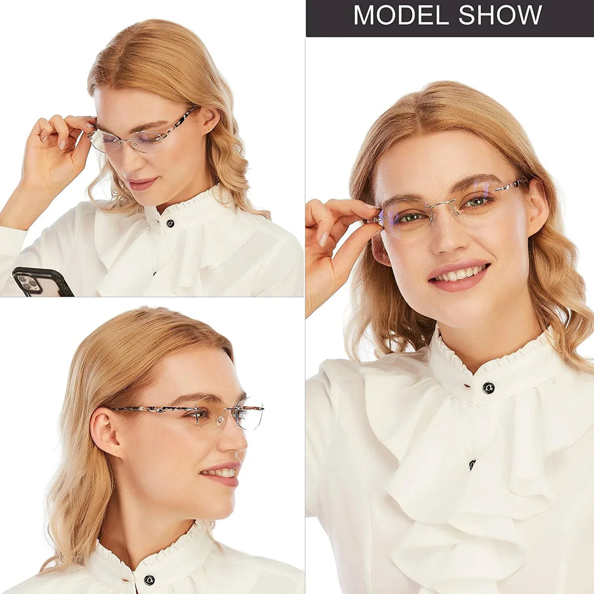 Frame, Designer Blocking Computer 2.5 Glasses Reading Readers Fashion Lens Clear Blue Rimless UV400 Ladies Light Protect Women AQWANO