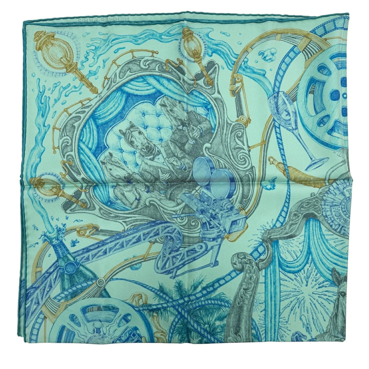 Horse Kare90 Green The HERMES Hermes New) Blue (Like Silk Pre-Owned Gray Ladies Horsewards Large Scarf Award