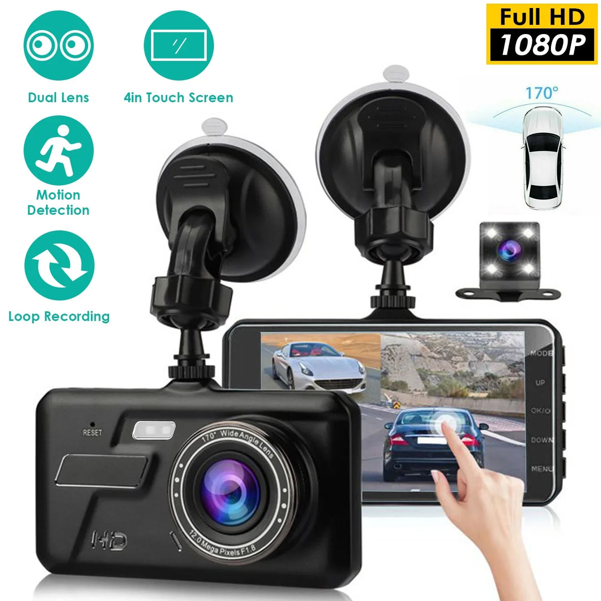 and Cam Camera with iMounTEK Rear IPS Car Dash Dashcams 4in Dual 1080P for Taxi Front Driving for Cars Touch Recorder Screen