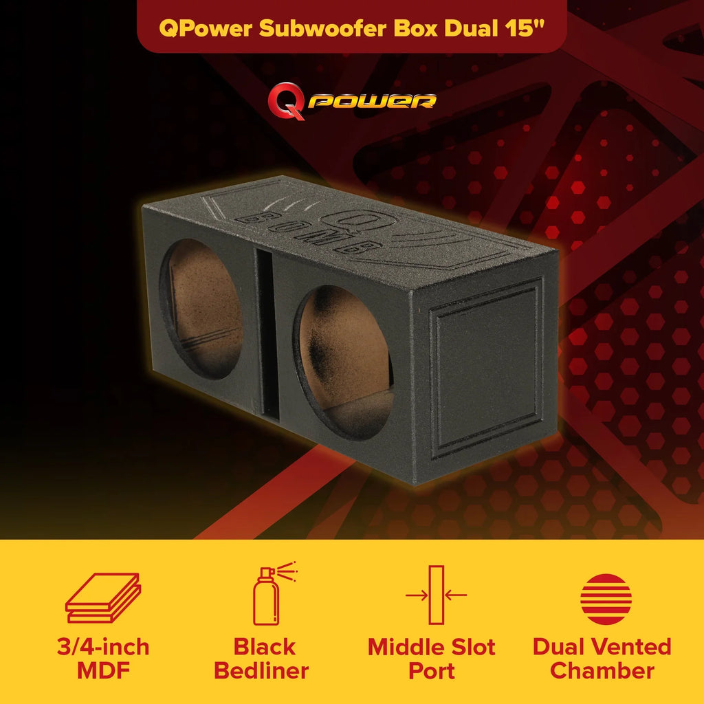 QBOMB15V Subwoofer 15" Port QPower Bedliner Spray Sub w/ Dual Vented Box