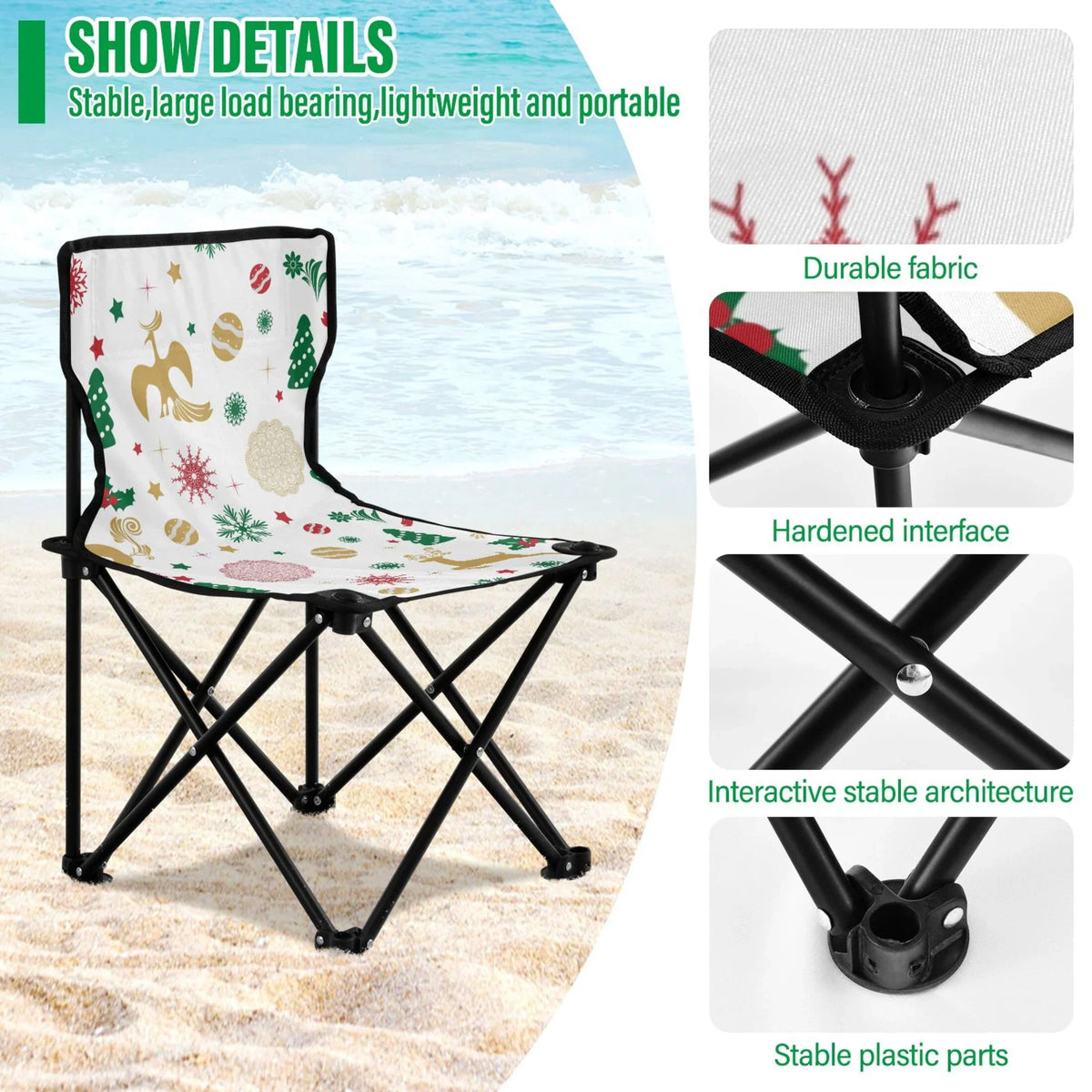 Christmas with Chair Outdoor Carry Chair Lawn Snowflakes 220LBS Camping to Portable Chair Stars Fishing Deer Support Beach Folding Bag Chair