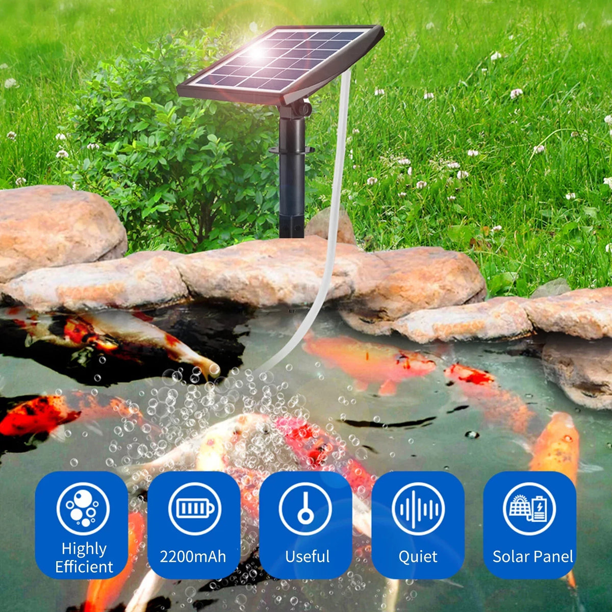 Stones Garden Oxygenator Fish Pool with Pump 8.2ft Aerator Pond for Oxygen Pump Air Fish Solar 2 Aquarium moobody Aerator Air Pipe Bubble 2W Plug-in Oxygen Fishing 6V