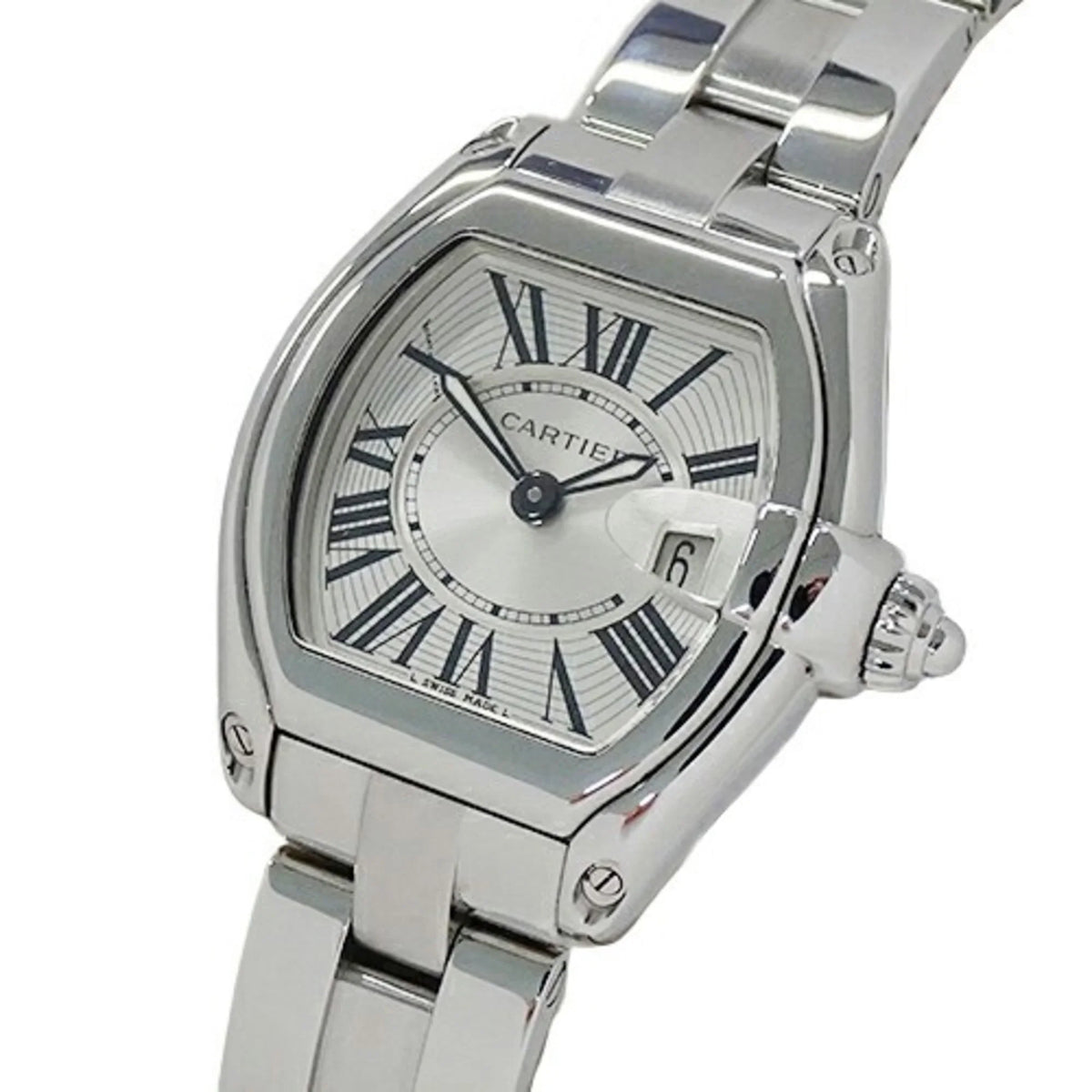 W62016V3 Polished Pre-Owned Roadster Cartier SM SS Silver Stainless Steel Date Watch Quartz Ladies (Fair)