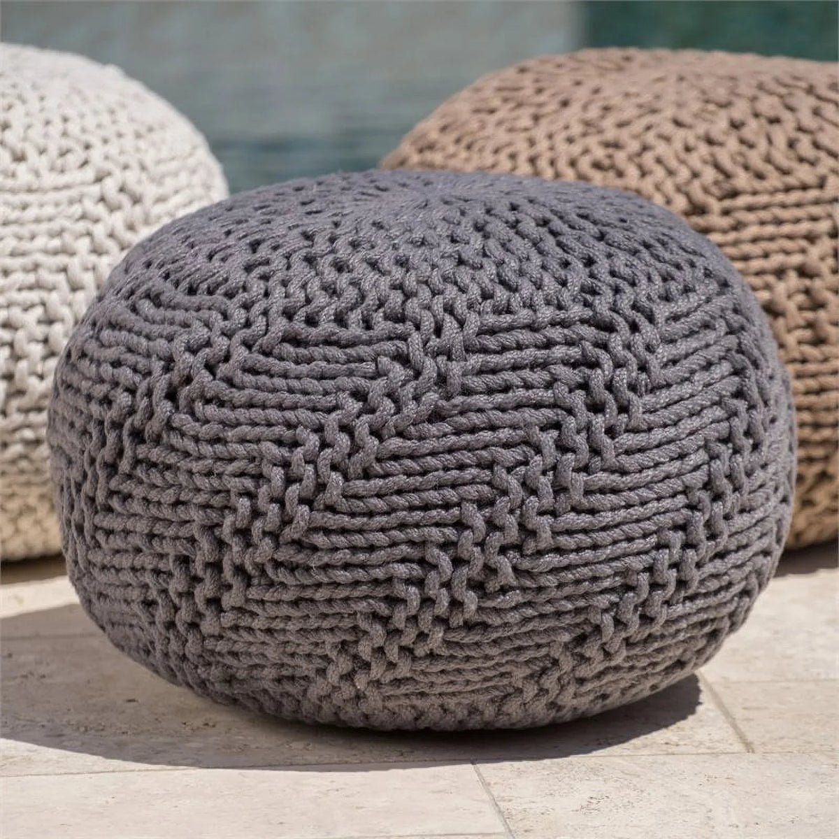 Fabric House Handcrafted Gray in Aria Modern Noble Dark Weave Pouf Outdoor