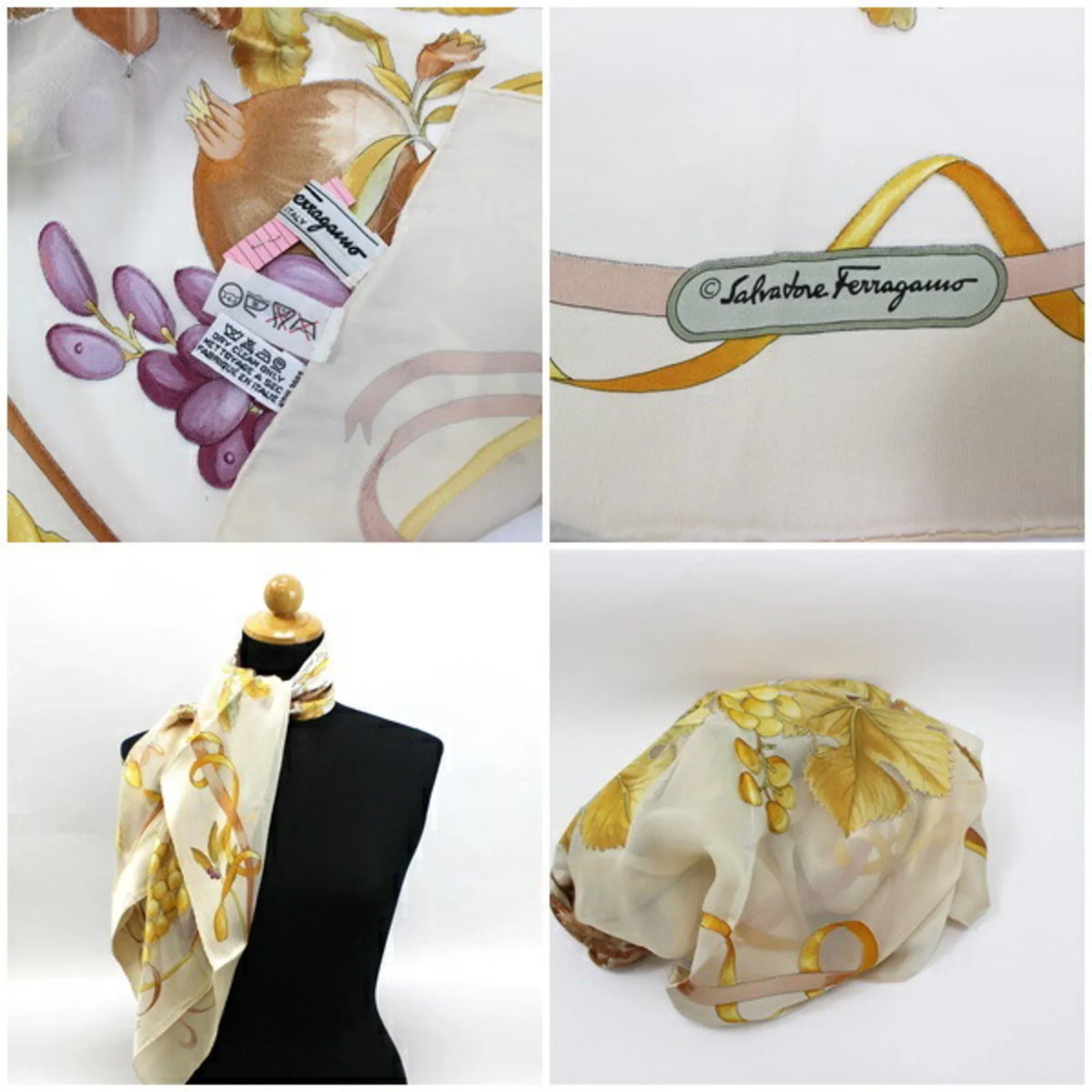 Women's Pattern Silk Scarf Cream x (Good) Pre-Owned Ferragamo Muffler Salvatore Viscose Fruit