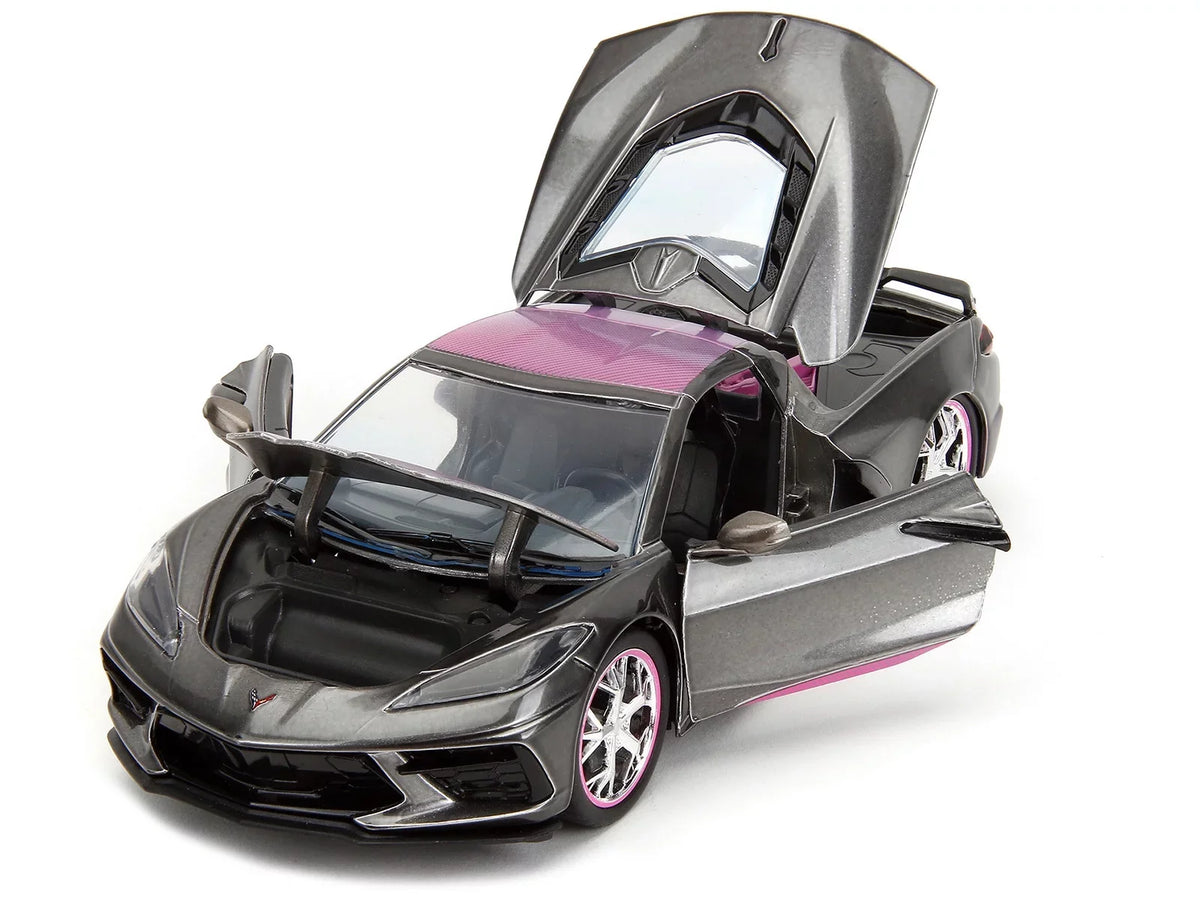 Series Diecast with Hood Top Gray Chevrolet Metallic Carbon Jada 2020 Corvette and Model Pink "Pink Car Slips" Stingray by 1/24