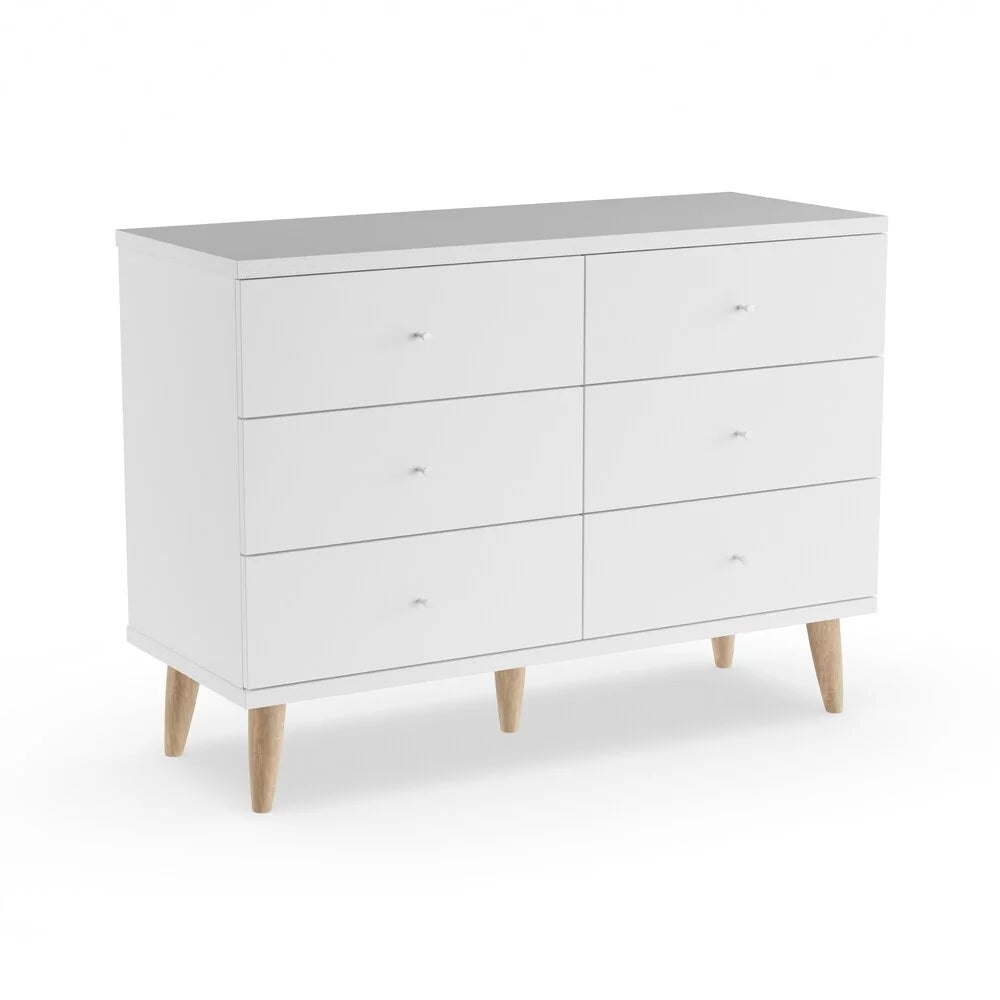 by BASIC White 6-Drawer Wide Mid-Century with Denhour Knobs DH 47-inch Dresser Modern