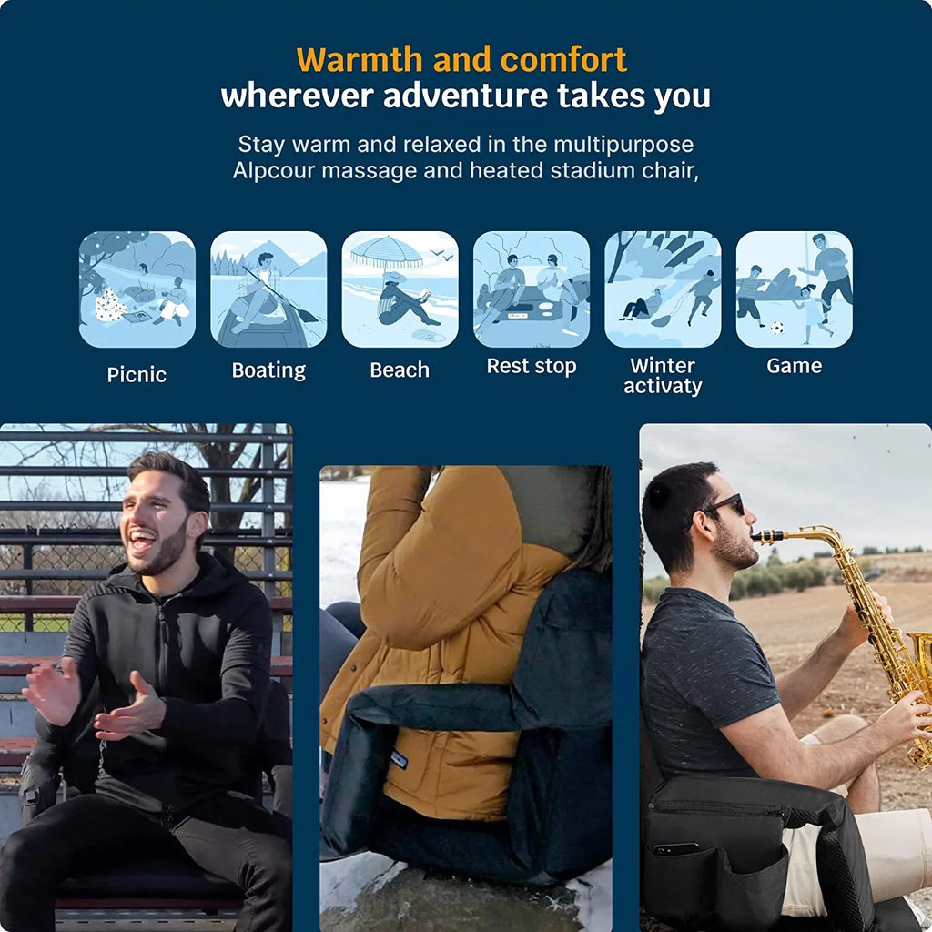 Back Reclining Chair Thick Wide Heated Black Extra Seat with - - Waterproof X-Wide Alpcour Massage Support Stadium