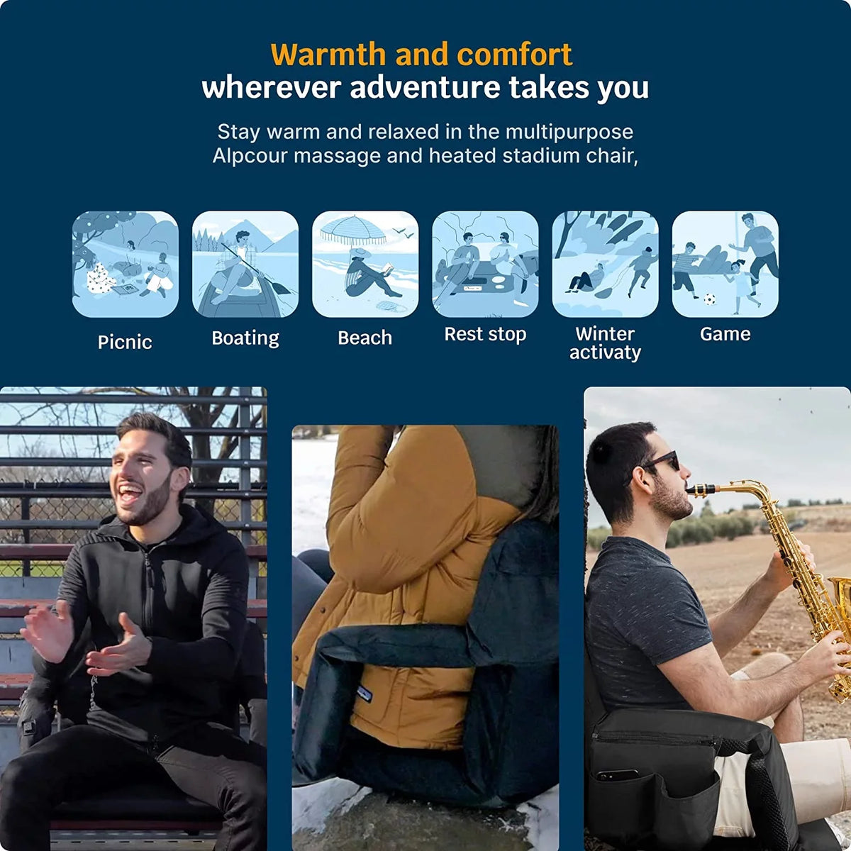 Back Reclining Chair Thick Wide Heated Black Extra Seat with - - Waterproof X-Wide Alpcour Massage Support Stadium
