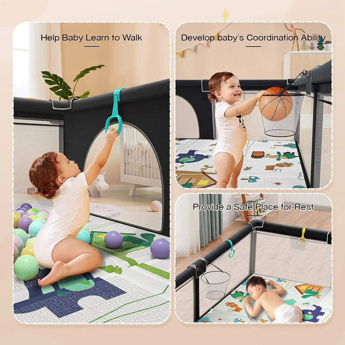 Sturdy Toddlers, Playpen 320D Cotton & Large Babies, Padded Mat, Rod for Safe with 6in1 Baby Zipper Upgraded Protecting Play Yard Gate Playpen Playpen for Padding Washable Baby with with Top