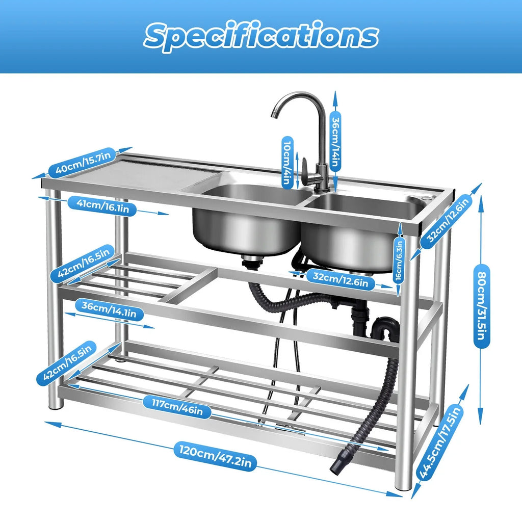 Drainboard w/ Bowls Utility 2 Kitchen Prep Steel Catering Bowl Kitchen w/Faucet Catering Sink Bowl Sink Home Bowls Prep Sink +Shelf Prep Table Catering Kitchen 2 Stainless 304 Commercial Table