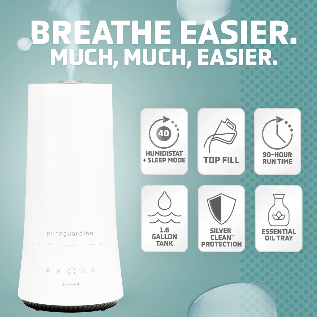 1.6 Gallon with Mist Humidifier ft. Ultrasonic Sq. Humidistat, 420 PureGuardian H997W Cool 90-Hour