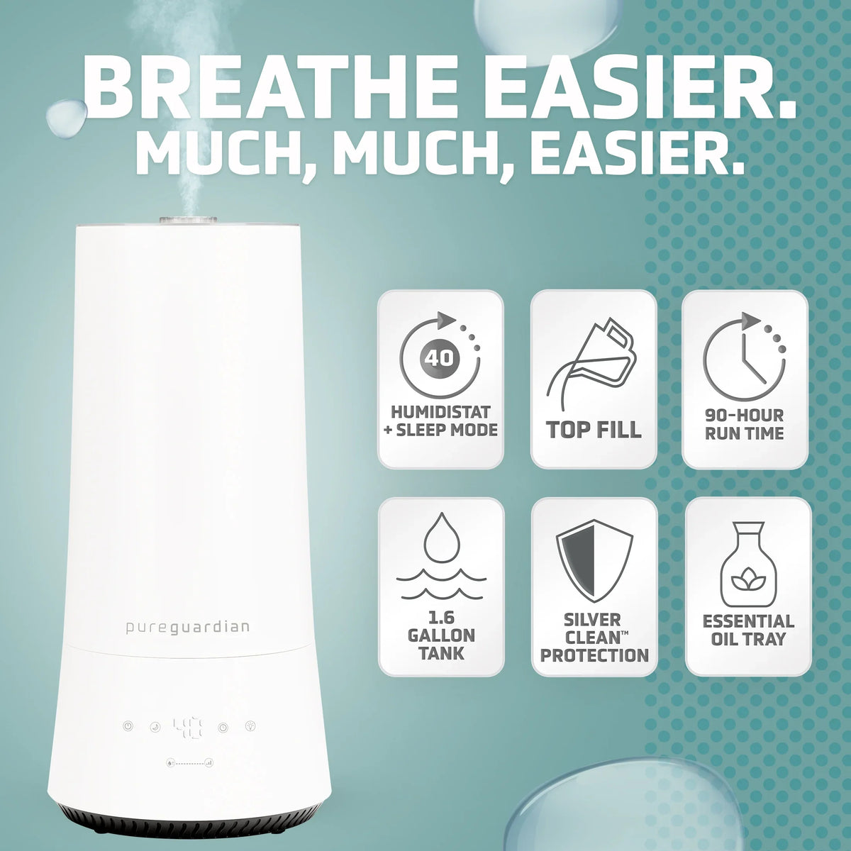 1.6 Gallon with Mist Humidifier ft. Ultrasonic Sq. Humidistat, 420 PureGuardian H997W Cool 90-Hour