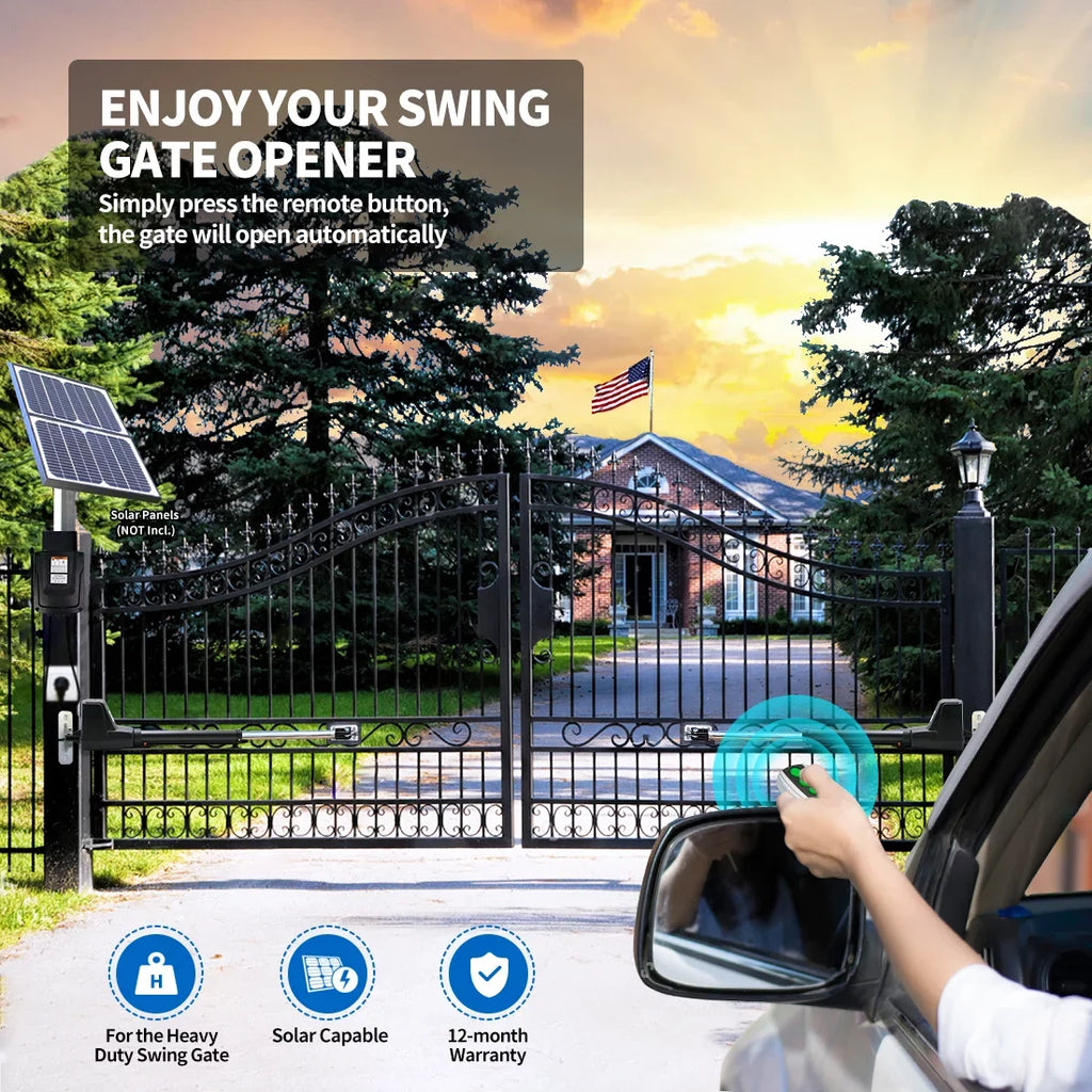 Solar Automatic Operator Powered Compatible to AC with Dual for Double TOPENS per Opener Driveway Gate Control Up Electric Remote Gates Gate Kit Motor Swing AT1202 Duty 18ft Heavy Arm, Gate Swing