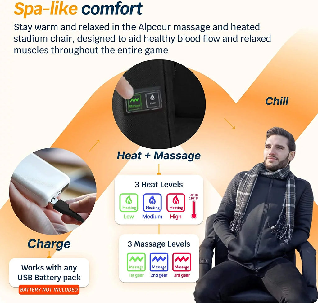 Back Reclining Chair Thick Wide Heated Black Extra Seat with - - Waterproof X-Wide Alpcour Massage Support Stadium