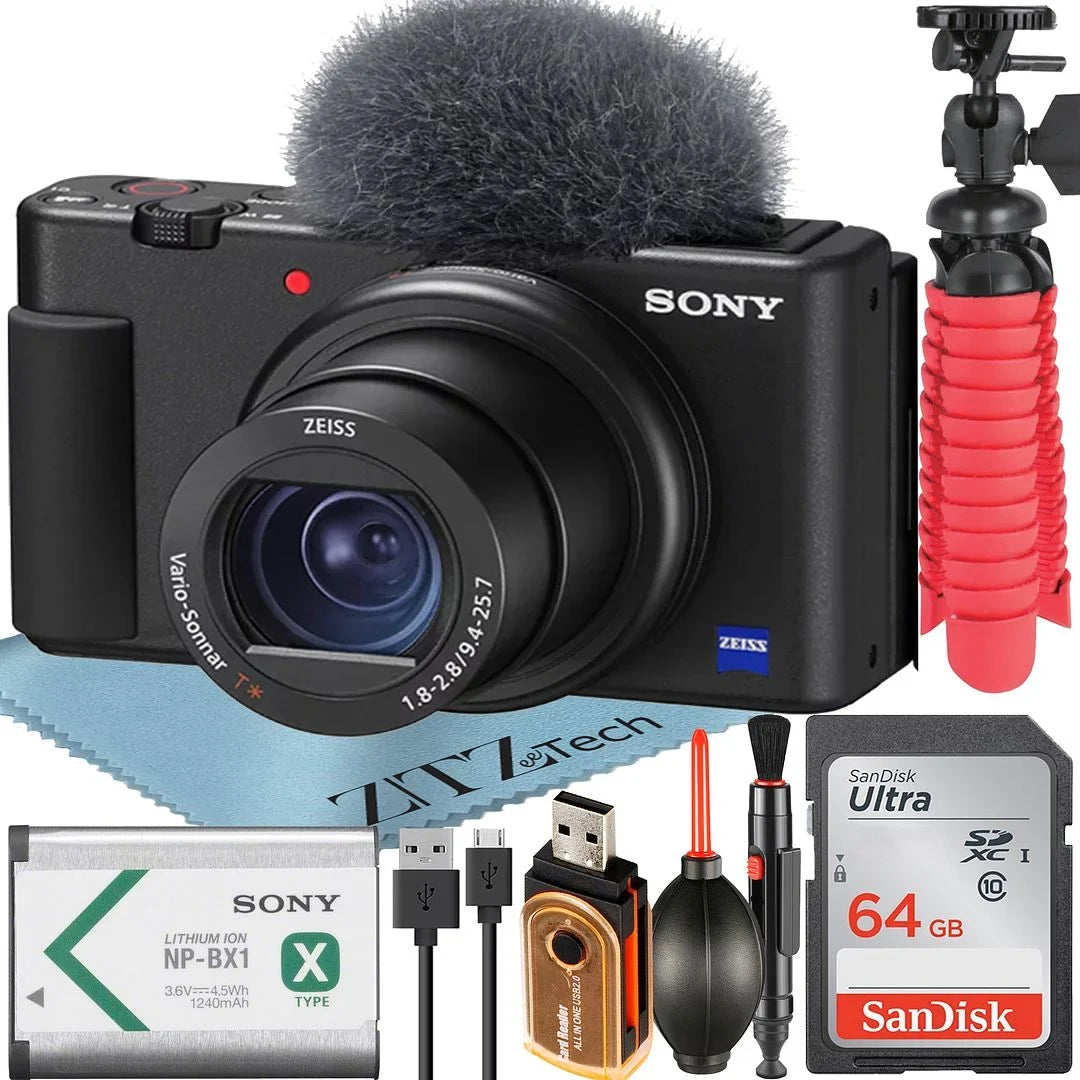 (Black) Card Sony SanDisk Accessory + Camera 64GB Bundle ZV-1F Memory ZeeTech Vlogging with