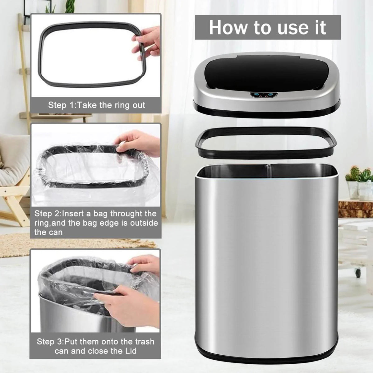 Touch-Free Can Sensor, NiamVelo Steel Kitchen for & Anti-Fingerprint with Designed Office 13 Garbage Lid, Silver Can Mute Stainless Waste Home, Motion Bin with Gallon Automatic Trash