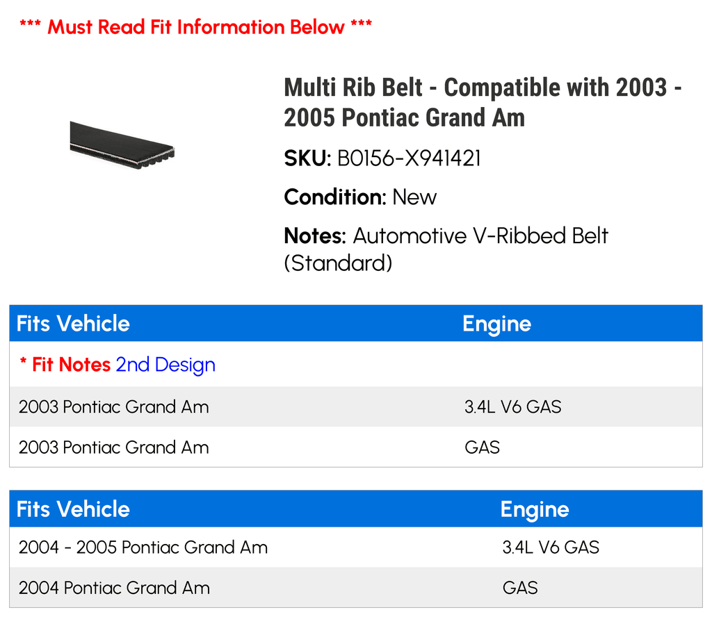 2003 Multi 2004 2005 with - Belt Grand Am Rib Compatible Pontiac -
