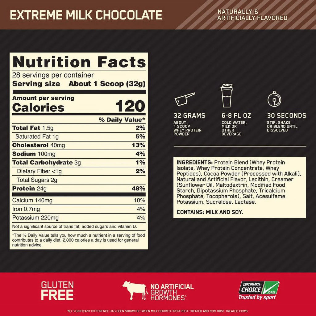 Gold Optimum 2 Protein, Protein Servings 28 24g Extreme Whey Nutrition, lb, Powder, Milk Chocolate, Standard 100%