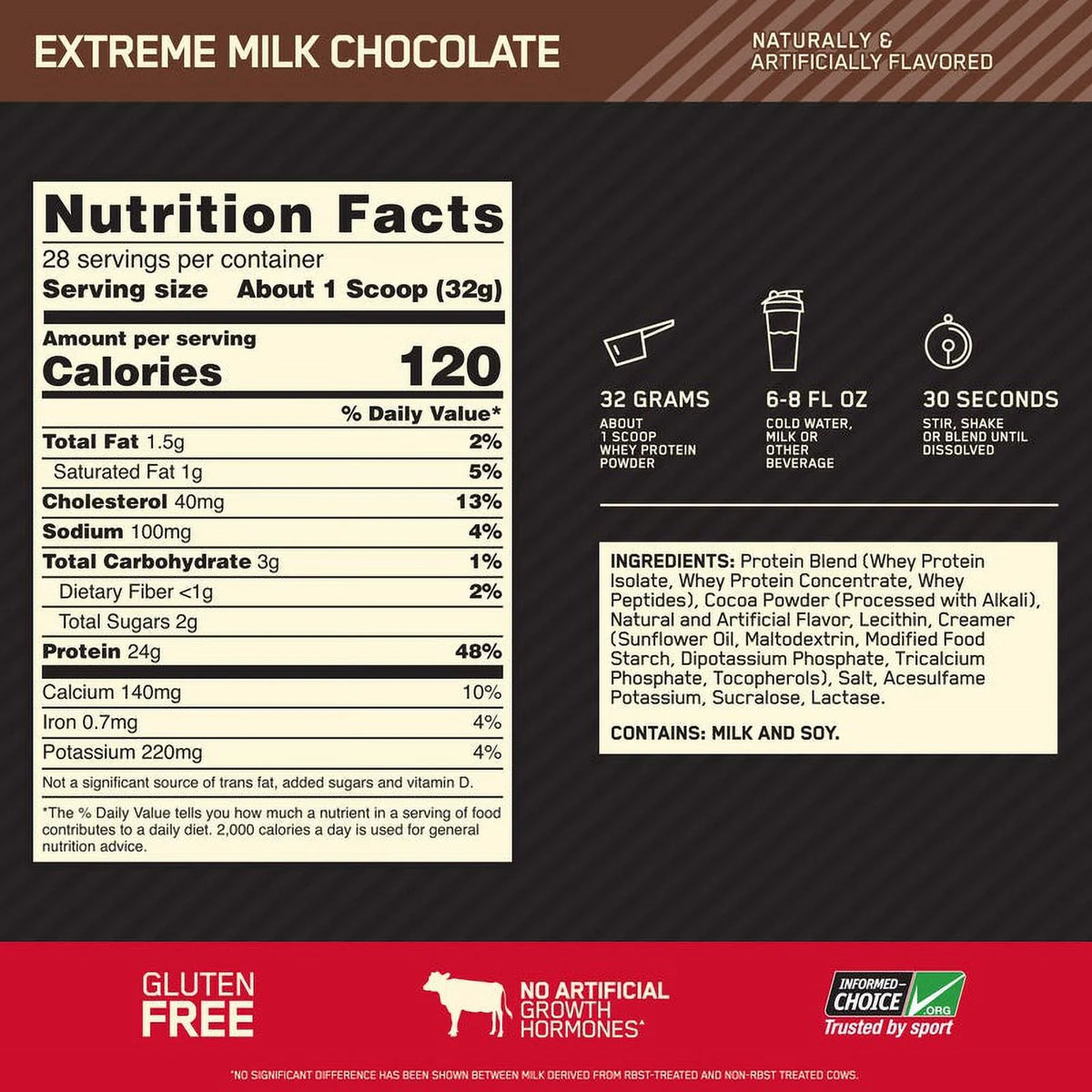 Gold Optimum 2 Protein, Protein Servings 28 24g Extreme Whey Nutrition, lb, Powder, Milk Chocolate, Standard 100%