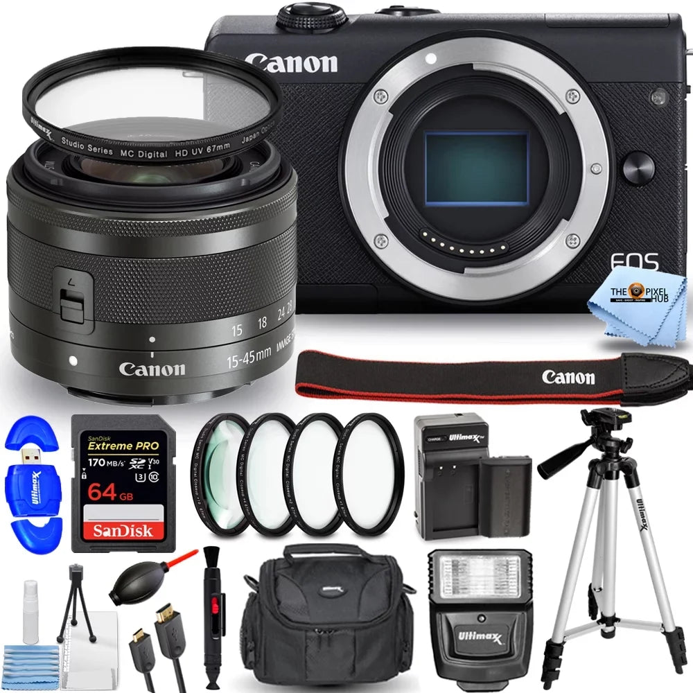 15-45mm EOS M200 Filter Digital Lens Mirrorless Canon (Black) with Camera Bundle