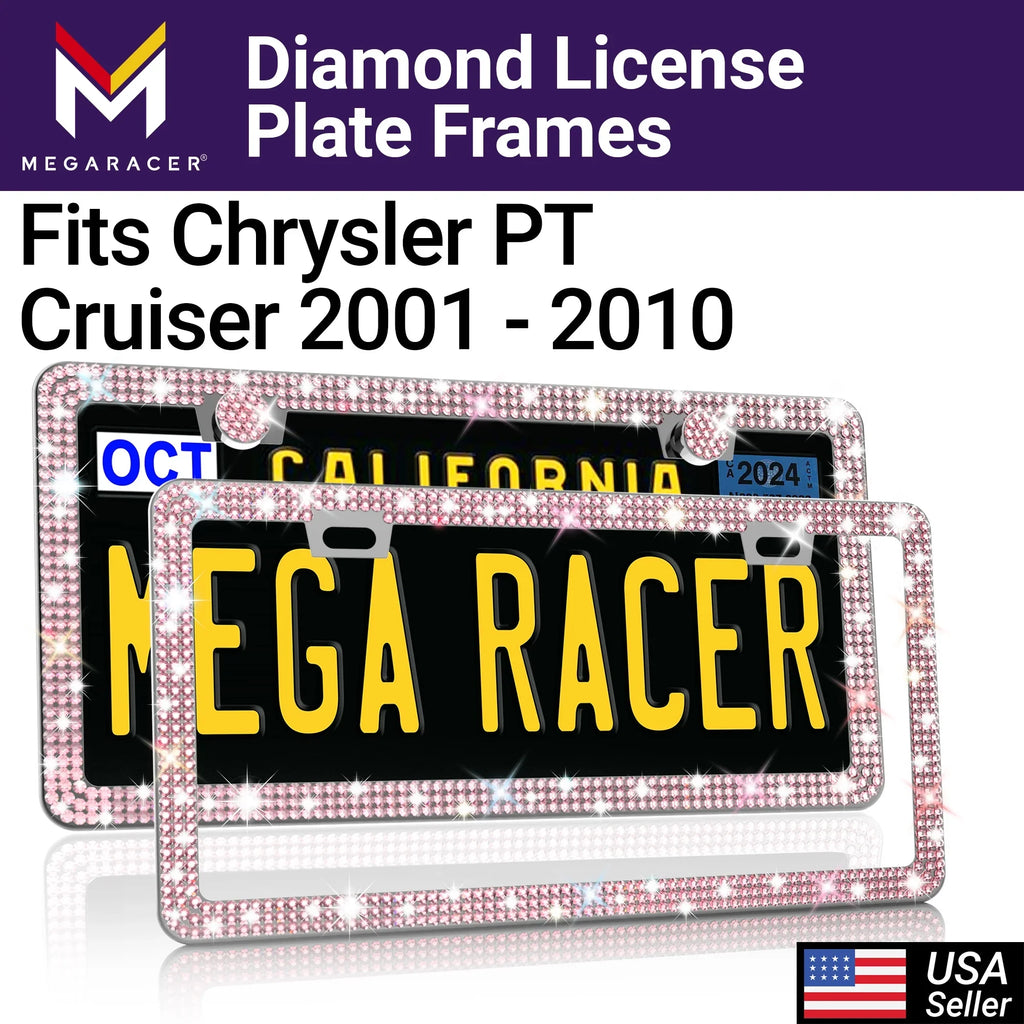Chrysler - Cruiser License 10 Plate Diamond Sparkly - PT Cruiser Plate Racer Pink Mega Frame Rhinestones, 2 Mounting Screws, 2001 Bling Chrysler PT Holes with Frames 01 License 2010 Car