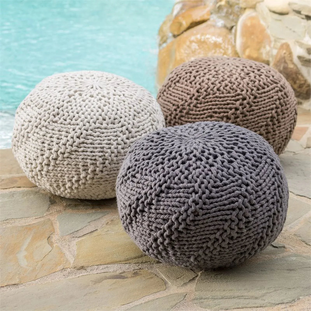 Fabric House Handcrafted Gray in Aria Modern Noble Dark Weave Pouf Outdoor