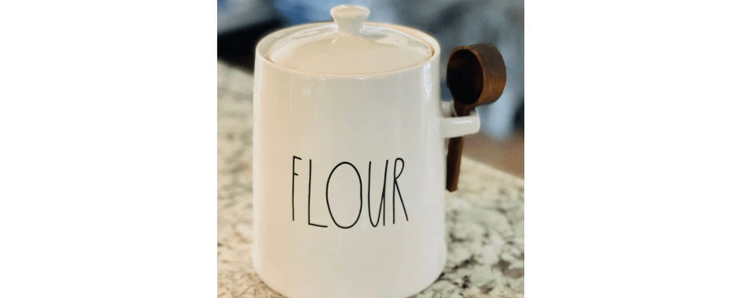 Large Dunn New Bell Canister Rae Kitchen LL Flour Wooden Scoop Ivory Letters Ceramic Shaped with Black