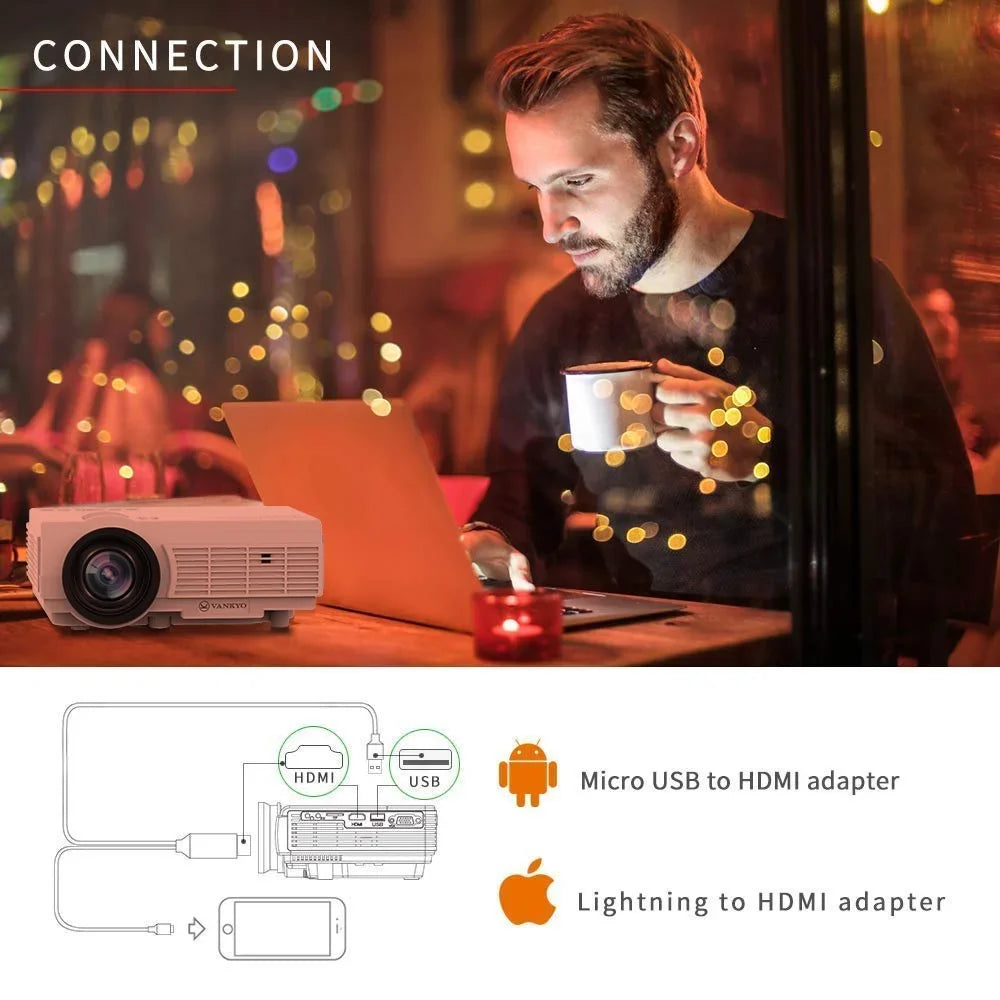 Portable AV 1080P Support with 200'' PS4, HDMI, Projector 65000 TF, with Lamp Leisure Stick, Supported TV VGA, VANKYO Hours Life, LED Display, Projector and Compatible (White) 3 USB Mini