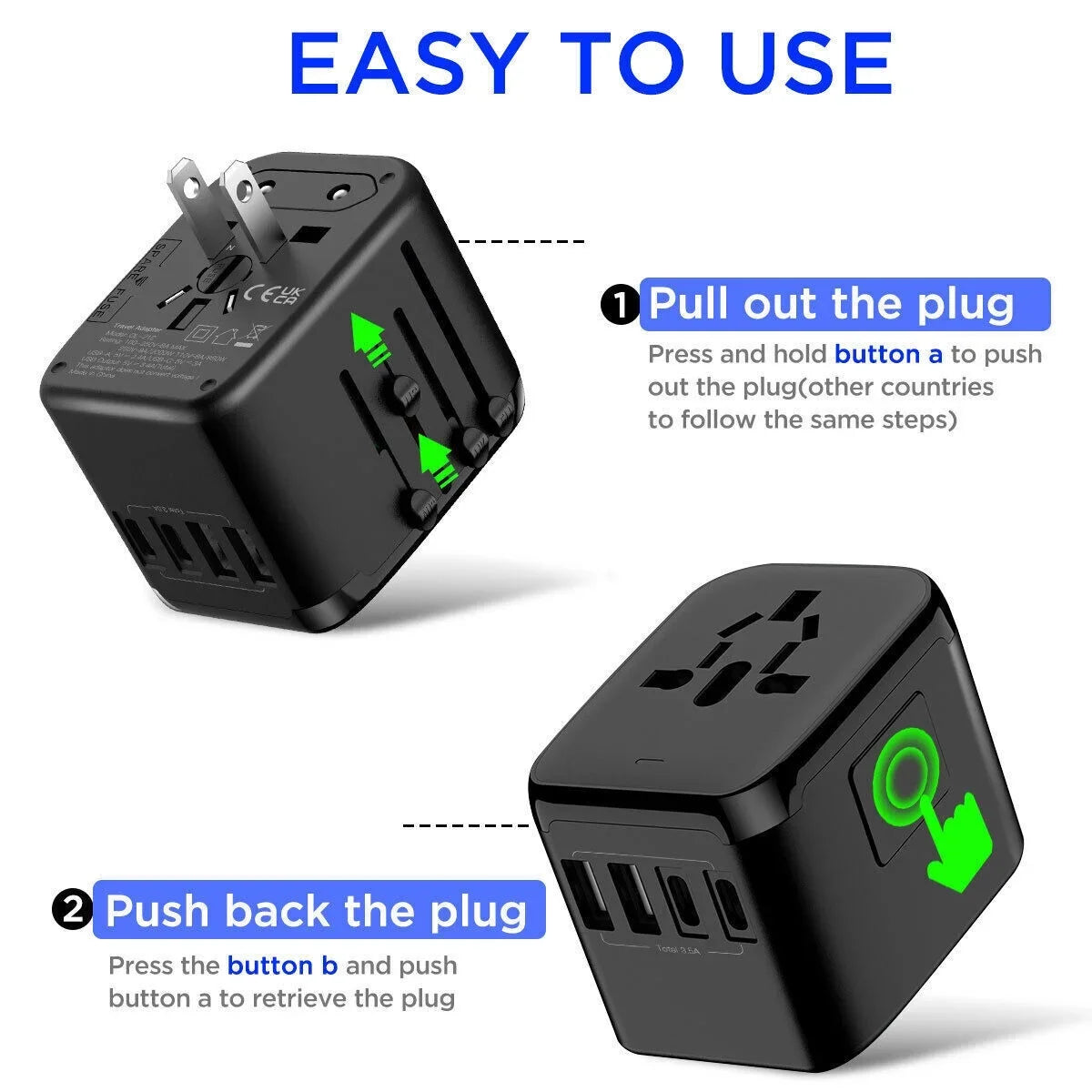 Universal Adapter Travel International USB+2 Plug Converter AICase Power Outlet 2 USB C