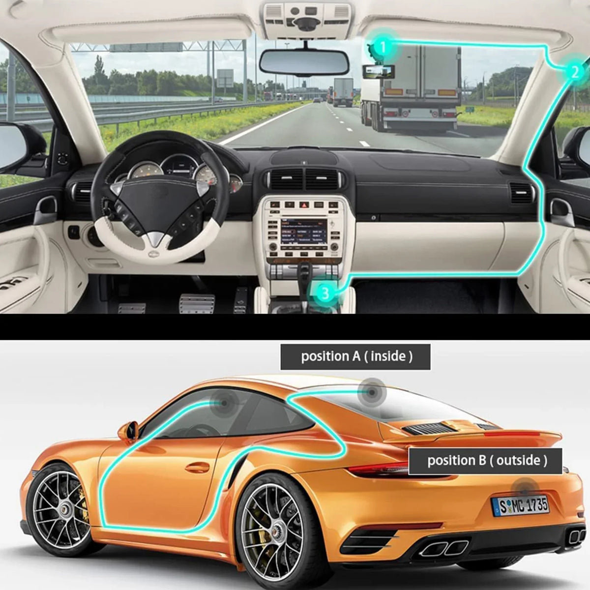 HD Cam, Channel with Dash Dash - Recording Monitor, Night Vision, Backup Black 1080P 3 Camera TSV Loop Parking G-Sensor,