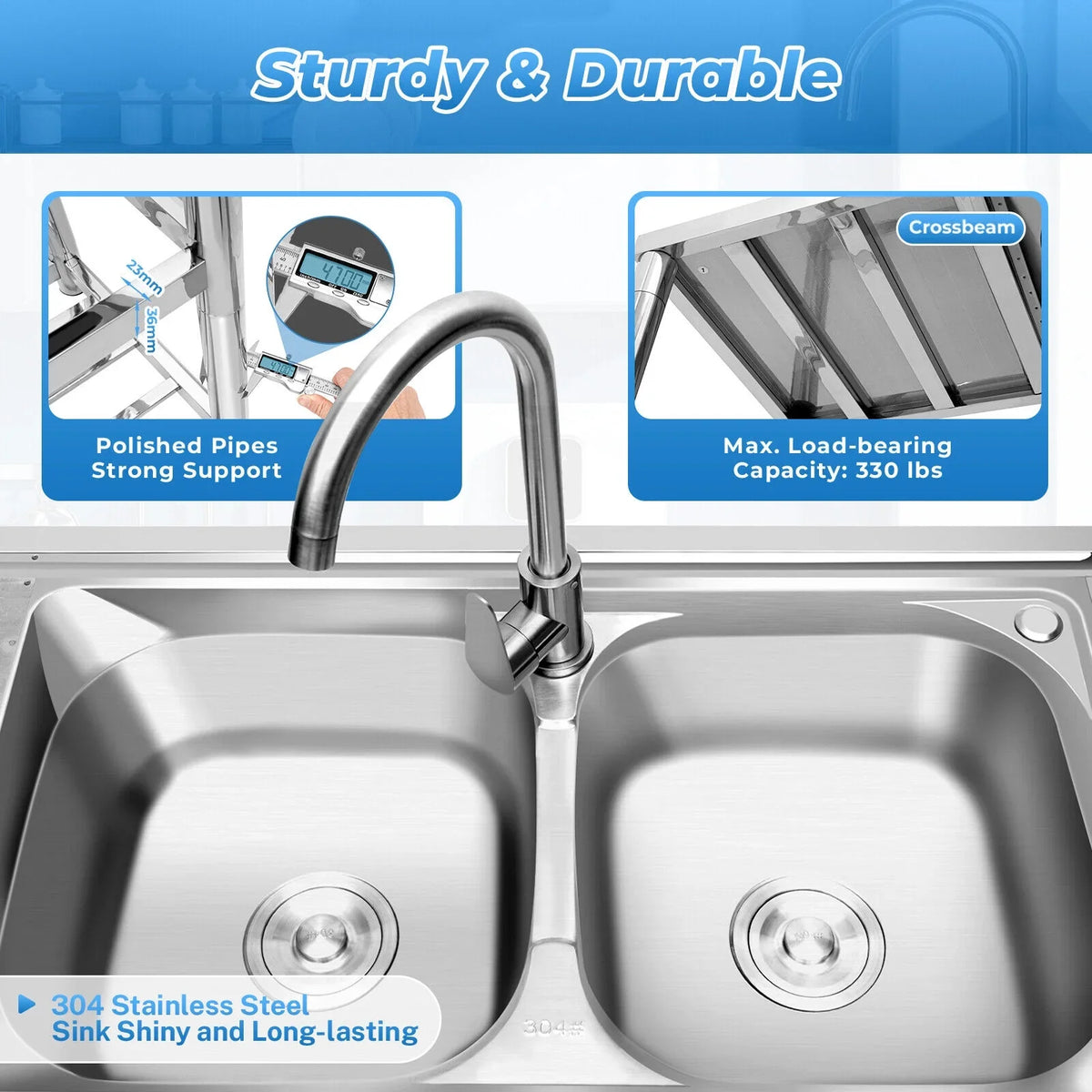 Drainboard w/ Bowls Utility 2 Kitchen Prep Steel Catering Bowl Kitchen w/Faucet Catering Sink Bowl Sink Home Bowls Prep Sink +Shelf Prep Table Catering Kitchen 2 Stainless 304 Commercial Table