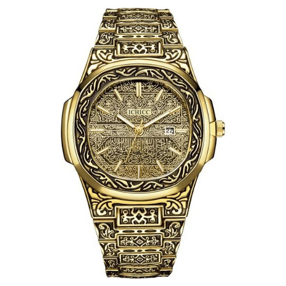 Gold Steel Calendar Stainless Wrist Watch with Vintage for Strap Analogue GIFT Men Quartz Watches