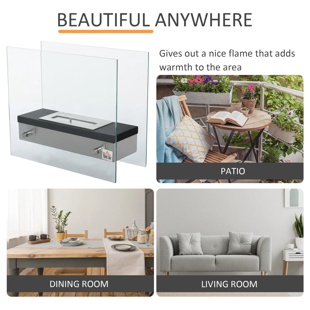 Sq. 0.39 Gal HOMCOM 3 Fireplace, Stainless Tabletop 18.5" Black Ethanol 269 up Ft., Hours, Steel to Burns